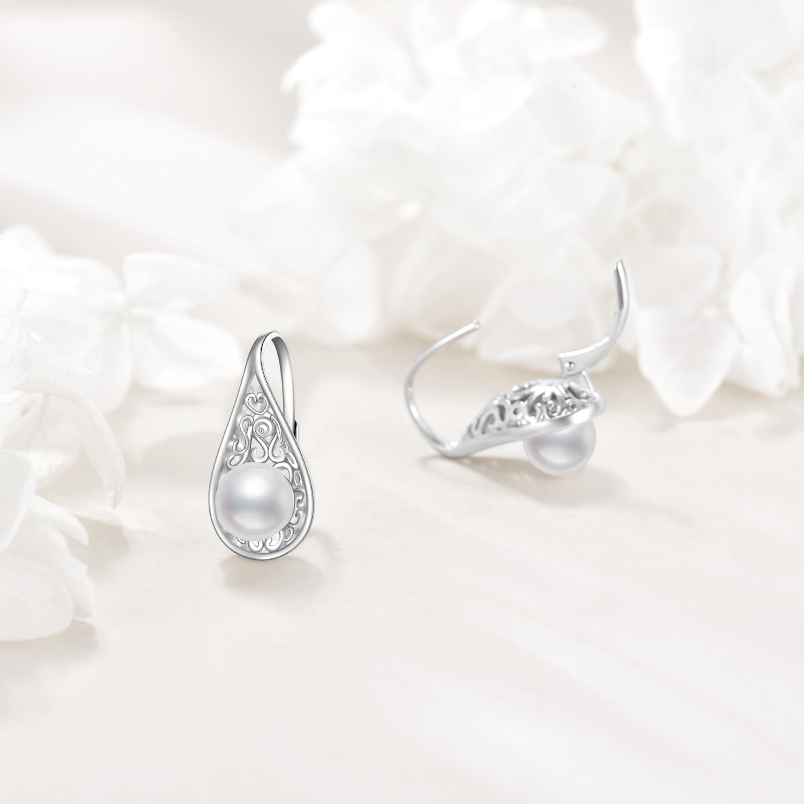 POPLYKE Weiße Perlenohrringe für Frauen Sterling Silber Vintage Filigran Teardrop Dangle Drop Ohrringe Geburtstag Schmuck Geschenke für Sie