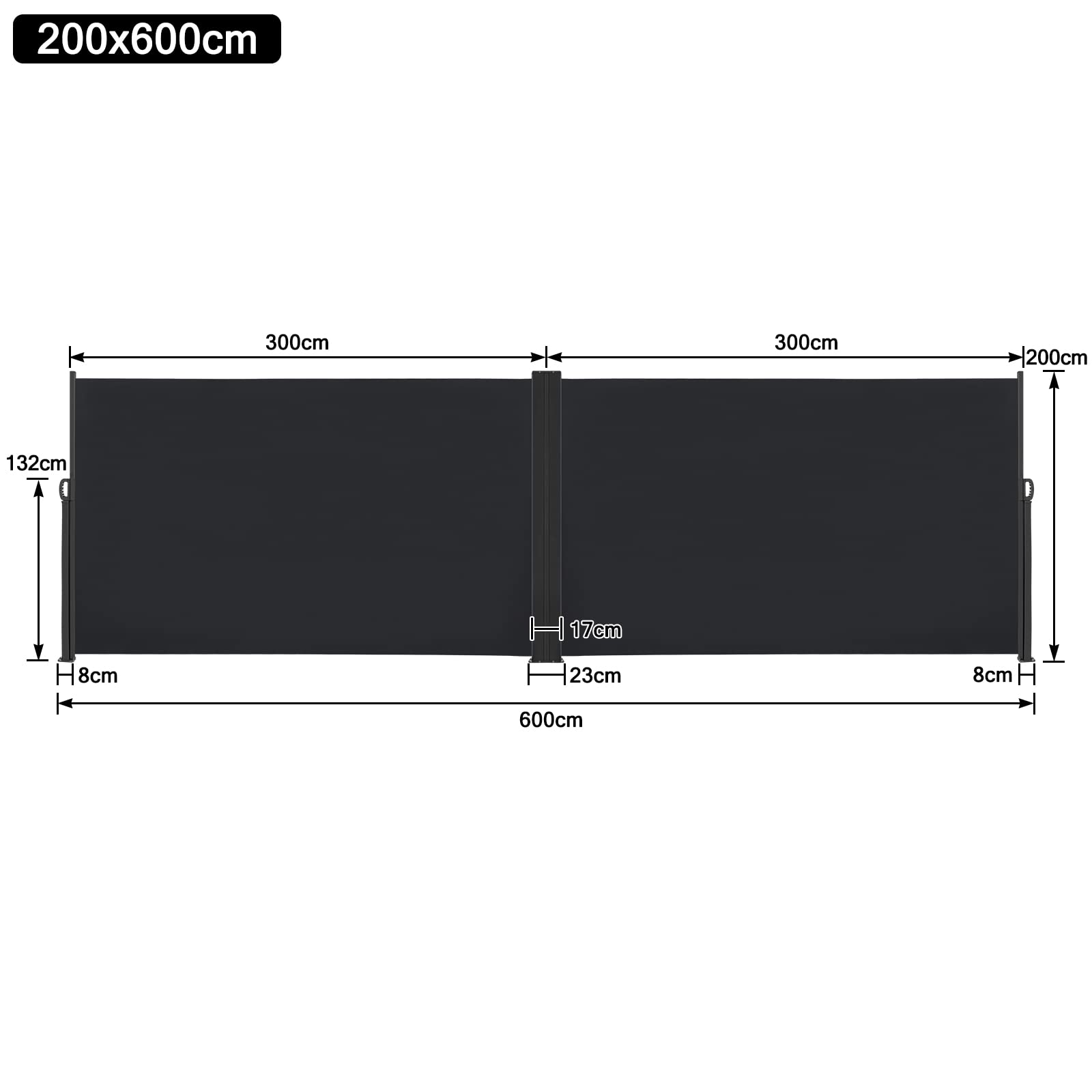 Aufun Seitenmarkise Ausziehbar 200 x 600 cm Doppel Sonnenschutz aus Polyester Sichtschutz Windschutz Markise für Balkon Terrasse Garten Camping, Anthrazit
