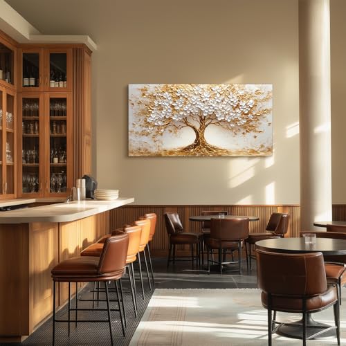 SERIMINO White Gold Tree of Life Wall Art, Blooming Flower Tree Extra Large Artwork, Abstract Landscape Canvas Art Prints, Modern Oversized Pictures Wall Decor Living Room Office Ready to Hang 30"X60"