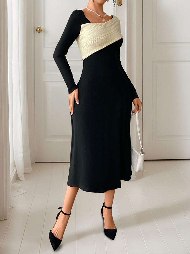 Vestido asimétrico Acampanado con Escote en V y Bloques de Color para Mujer - Elegante Vestido Midi de Oficina con Manga Larga y Cintura Alta