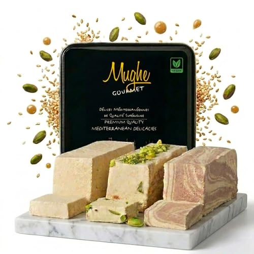 Mughe Gourmet Assortment de Halva 850g en Elegante Caja de Regalo de Lata -3 Barras de Halva de Sésamo y Tahini Marmoladas: Pistacho, Cacao, Vainilla - Halawa Turca, Dulce Vegano -Ocasiones Especiales