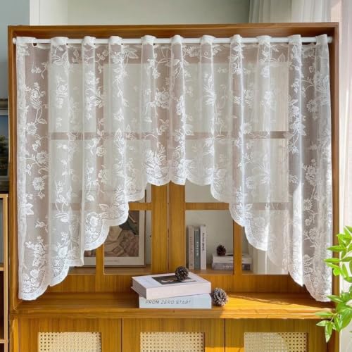 Image of HASTHIP Lace Arched Sheer Curtain Embroidered Rod Pocket Tier | Lightweight and breathable, delicate lace embroidery pattern and machine washable for easy daily maintenance