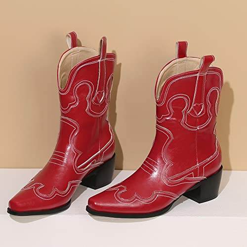 Image of Womens Embroidered Cowgirl Boots Pull On Cowboy Boots for Women Floral Low Chunky Heel Western Boots