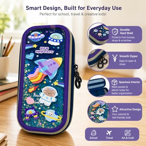 Image of WISHKEY Cute Cartoon Printed Pencil Case for Kids, Hard Shell EVA Zipper Pouch with Compartments, Multipurpose Pencil Box Organizer for School Supplies, Stationery Storage for Boys & Girls Space