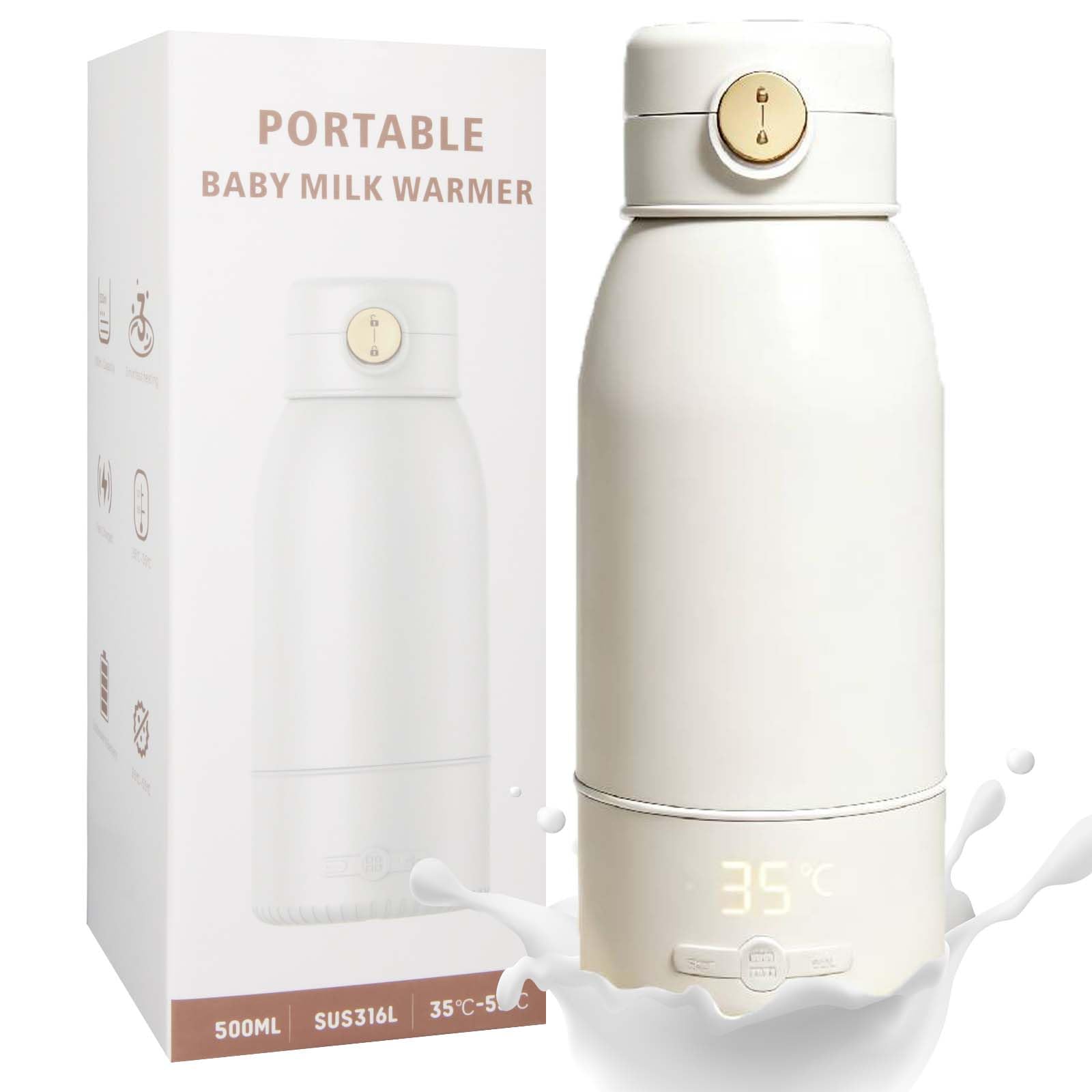 Tragbarer Flaschenwärmer Baby Unterwegs - Schnelles Aufheizen Muttermilch und Wasser, Große 500ml Kapazität, Pasteurisierung, Kindersicherung gegen, 24 Stunden konstante Temperatur für den Ganzen Tag