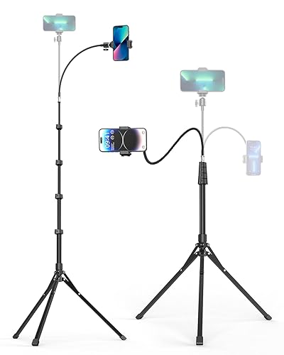 Aureday Phone Tripod, 92" Cell Phone Tripod Stand with 15" Gooseneck, Remote and Phone Holder, Overhead Tripod ＆ Selfie Stick for Recording/Watching/Vlog, Compatible with iPhone Android - 92in