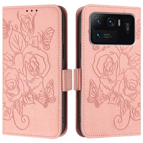 Étui Xiaomi 11 Ultra portefeuille mince en cuir rose avec fente pour carte et dragonne de transport