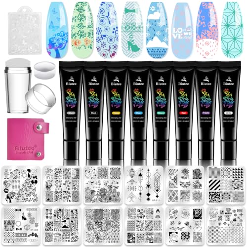Biutee Nail Stamping Plates Set - 12pcs Templates, 8 Colors, Stamper, Scraper, Storage Bag - Animal & Flower Design Nail Art Plates