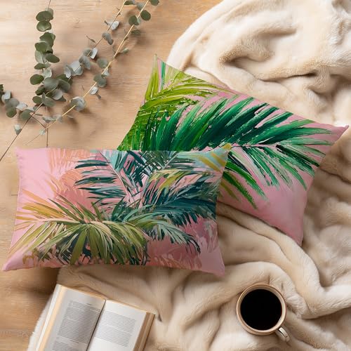 Image of Summer Pink and Green Tropical Palm Leaf Decorative Throw Pillow Cover Decor 20x12,Palm Leaf Botanical Decorative Lumber Beach Plant Throw Pillow Cover for Cabin Couch Double-Sided Set of 2