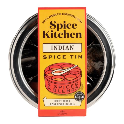 Spice Kitchen Premium Indian Spice Collection Spice Tin with 9 Cooking Spices including Award-Winning Garam Masala Stainless Steel storage tin Indian recipe booklet and Spice serving spoon
