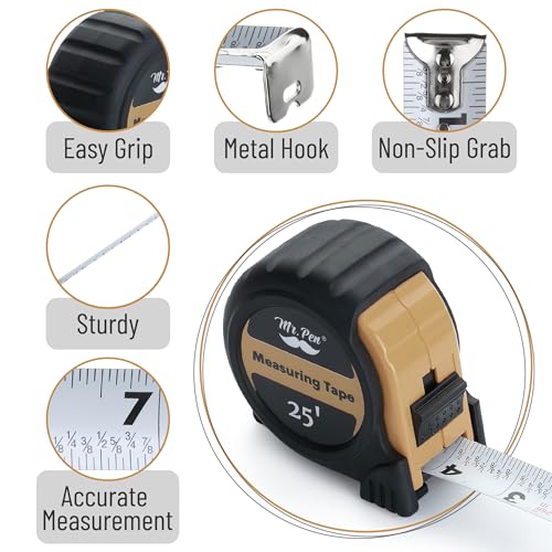 Image of Mr. Pen- Tape Measure, 25-Foot, Light Brown, Steel Measuring Tape Measure with Fractions, Retractable Measuring Tape Retractable