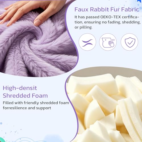Image of 31 Inches Memory Foam Bean Bag Chair - Ultra Soft Faux Rabbit Fur Round Sofa with Handle & Machine Washable Cover, Eggplant-Shaped Kids Reading Chair for Bedroom, Living Room and Playroom, Purple