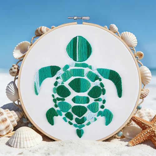 Image of Sea Turtle Embroidery Kits for Beginners Adults, Hand DIY Embroidery Starter Kit, Stamped Cross Stitch Kits for Beginners Adult Craft Kits for Women, Entire Set of Embroidery Supplies & Video Tutorial