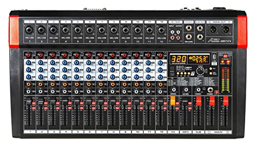 Audio2000'S AMX7374 12-Channel Audio Mixer with 320 DSP Sound Effects, Stereo Sub Out with Sub-Out Level-Control Fader, Level-Control Faders on All Channels, and USB/Computer Interface