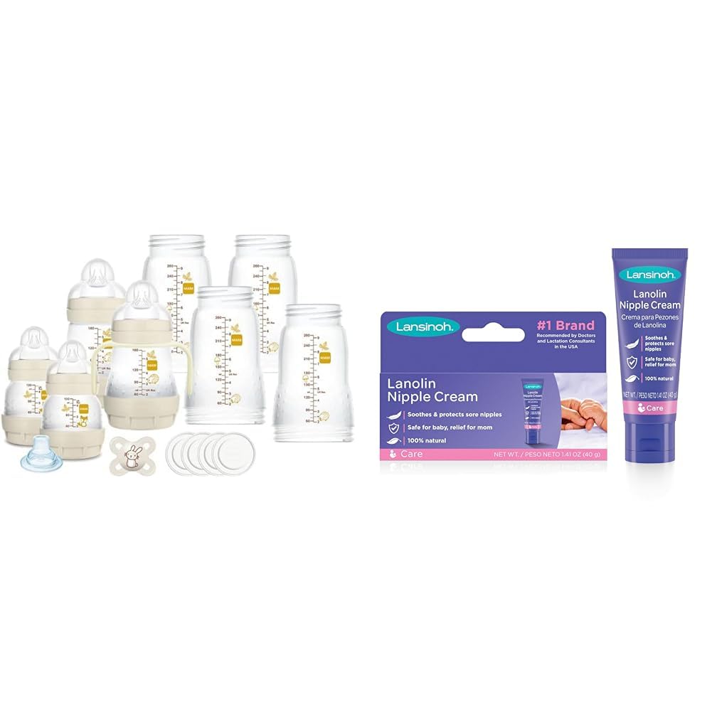 Mam Ensemble de 8 biberons de 130 ml, 160 ml et 260 ml, 1 tétine Start Nanò, 4 disquettes, 1 bec souple et poignées, couleur beige & Lansinoh I Crème Lanoline HPA 40 ml