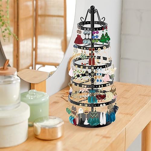Image of MODOWEY 5 Tiers Metal Rotating Earring Holder Organizer Tree Spinning Display Stand Rack for Women, 220 Holes Adjustable Large Storage for Stud Dangle Hoop, Find Your Earrings at a Glance, Black