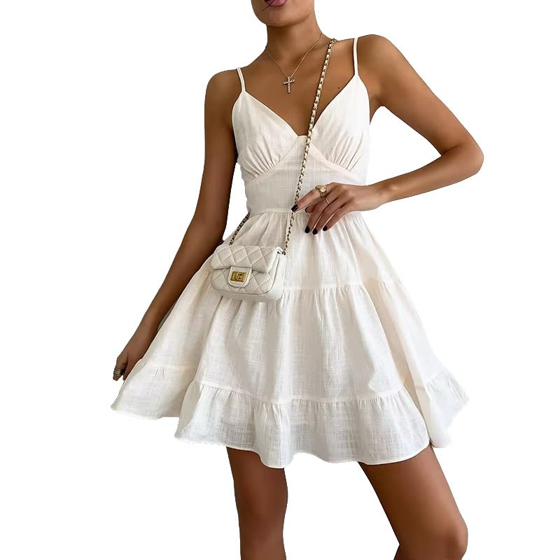 GenericWomen's Solid Sleeveless Ruffle Hem Shirred Boho Cami Short Dress