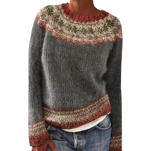 HUIFUAO - Suéter Fair Isle para mujer, talla grande, suéter de Navidad, ropa de punto noruego, nórdico, islandés, grueso, cálido, vintage, manga larga, Z01 Gris, XXL