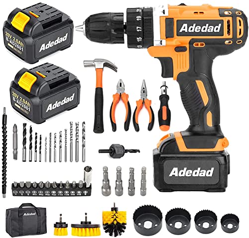 Adedad 20V Cordless Drill Set Electric Power Drill Kit With 2 Batteries And Charger,300 In-Lbs Torque, 3/8 Inch Keyless Chuck, 23+1 Position,2 Variable Speed, Led Light And 48Pcs Accessories #TOP18