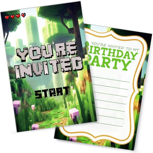 LYBHTTBD Pixel Games Birthday Invitations Jungle Party Cards with Envelopes