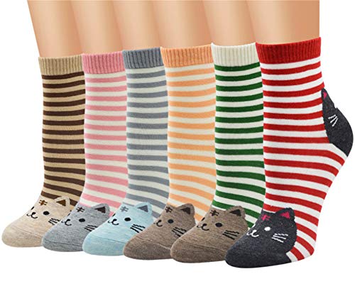 6 Pairs Women's Casual Cotton Socks Colorful Cute Cat Animal Stripes Warm Winter Crew Funny Novelty Socks