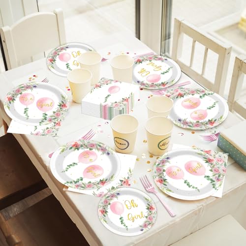 Image of 96Pcs Oh Girl Watercolor Pink Balloon Party Supplies Greenery Girl Baby Shower Tableware Set Pink Flower Party Favor Birthday Baby Shower Parties Plates and Napkins Table Decorations for 24 Guests