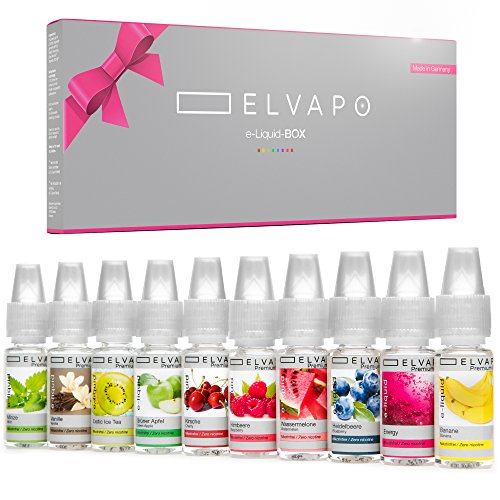 10 x 10ml Elvapo Premium Plus E-LIQUID-BOX - mit extra starkem Geschmack | Probierset für E-Zigaretten und E-Shishas | Made in Germany | Wassermelone, Energy, Vanille, Minze, Grüner Apfel, Kirsche, Himbeere, Exotic Ice Tea, Banane, Heidelbeere | 0mg (ohne Nikotin) Cover