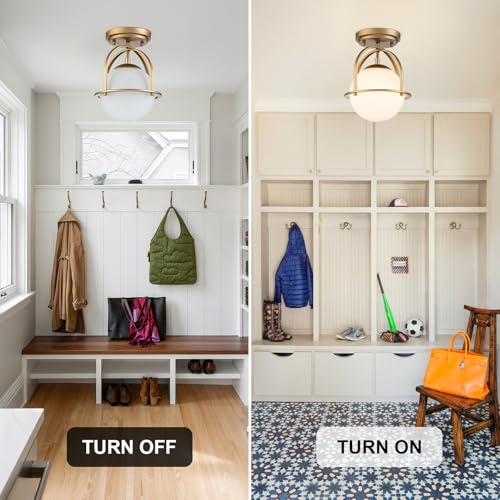 Image of Gold Semi Flush Mount Ceiling Light 8.7 inch Milk Glass Globe Ceiling Light Fixture Mid Century Modern Small Chandelier for Hallway Kitchen Bedroom or Schoolhouse Light Fixture