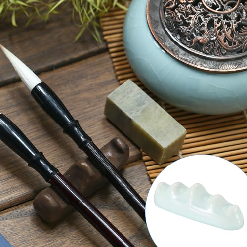 Image of PATIKIL Calligraphy Brush Holder, 2 Pack 4 Ports Solid Ceramic Chinese Calligraphy Brush Rest for Writing Painting Pen Brush Rack Holder Tool, White