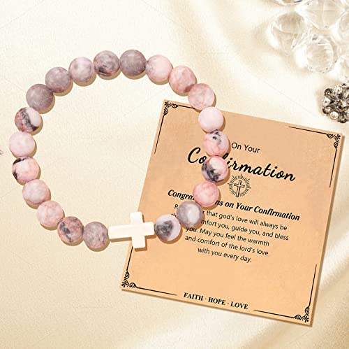 Image of Confirmation Gifts for Teenage Cross Charm Beaded Bracelet for Women /Men Relax Anxiety Jewelry Faith Gifts Catholic Sponsor Gift (Pink A)