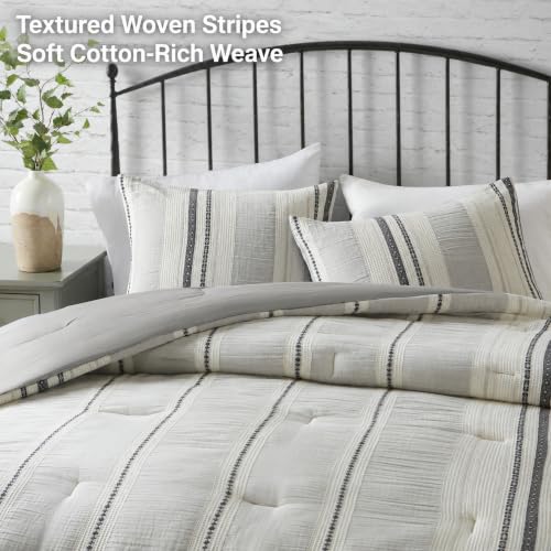 Image of Hyde Lane Boho Queen Comforter Set - 3-Piece Shabby Chic Bedding Sets, Farmhouse Bed Comforter with 2 Pillow Shams, All Season Cotton Top, Gray Striped