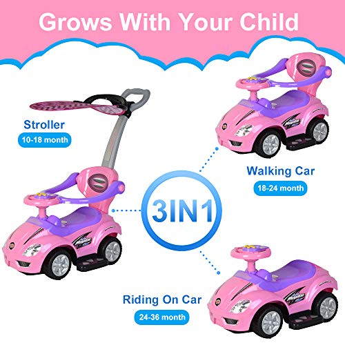 ChromeWheels 3 in 1 Ride on Toys Pushing Car with Removable Sun Visor,Mega Car for Toddler Wagon Handle Stroller,Color Pink - Thumbnail 2