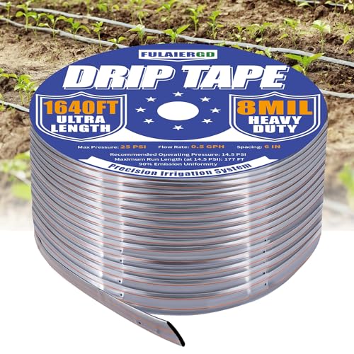 FULAIERGD 1640FT 5/8 Drip Tape Irrigation - 8 Mil 0.5 GPH 6 Spacing Silver Reflective Anti-Bird Pecking Drip Tape UV Resistant Heat-Safe for Seedlings Ideal for Garden Farm Greenhouse Patio