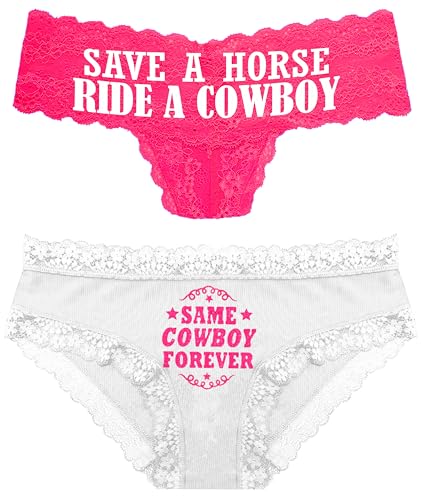 Last Rodeo Bachelorette Gift - SET OF 2: Save A Horse Ride A Cowboy Hot Pink Lace Thong & Pink Same Cowboy Forever White Ribbed Lace Edge Bikini Panty - Medium - Panty Set(SCF WtRbBkn SVHRS HPkTh)Md
