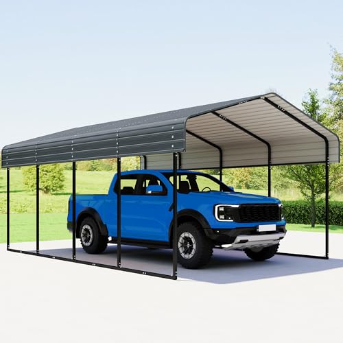 Image of 12x20FT Metal Carport,Heavy Duty Carport with Reinforced Frame and Galvanized Steel Roof, Large Outdoor Garage Shelter Shade Car Port for Pickup Trucks, Boats, Cars & Tractors, Farm Tools, Party,Gray