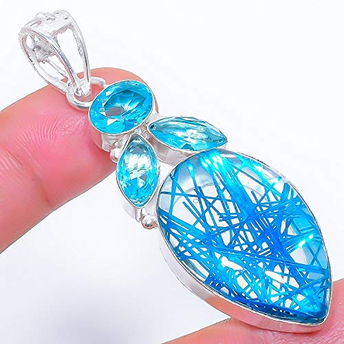 Blue Rutile Quartz, Blue Topaz 925 Sterling Silver, Pendant 2.5
