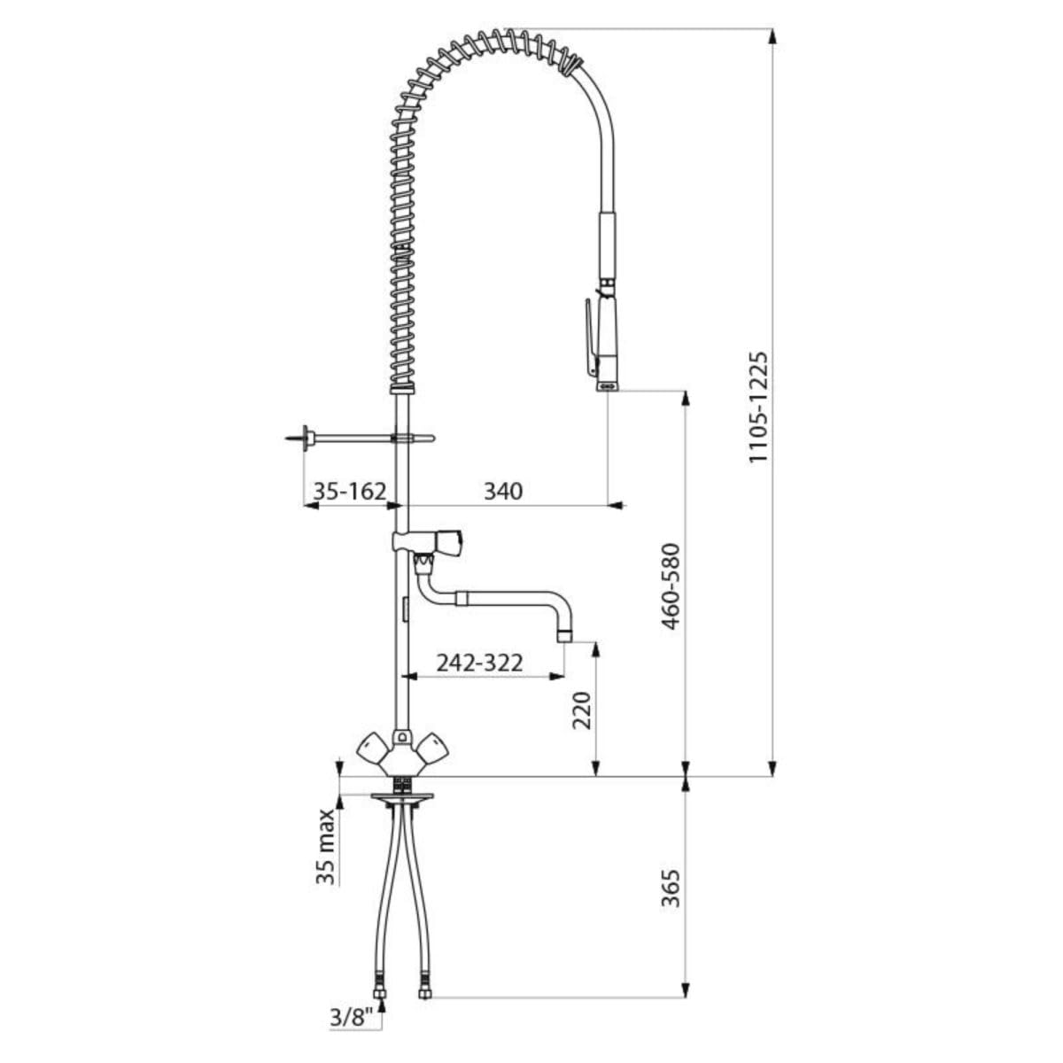 Delabie - Ensemble de prelavage avec melangeur monotrou et robinet de puisage a bec telescopique. flexible et douchette blancs