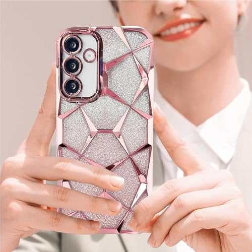 Image of VONZEE Gradient Glitter Case for Samsung S24 FE, Luxury Electroplated 3D Cube, Diamond Bling Shiny Soft TPU Clear Shockproof Case Women Girls Protective Phone Cover (Rose Gold)
