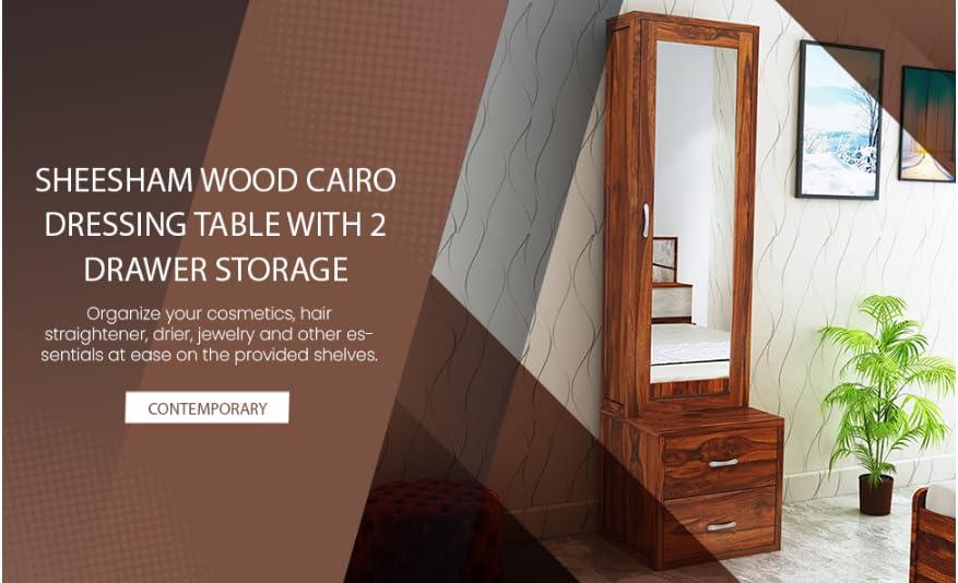 Image of Solid Sheesham Wood Dressing Table with 2 Drawer and 1 Door Storage for Living Room | Wooden Vanities for Home Solid Wood Bedroom Furniture (Natural Finish) (30.4D x 58.4W x 177H) cm