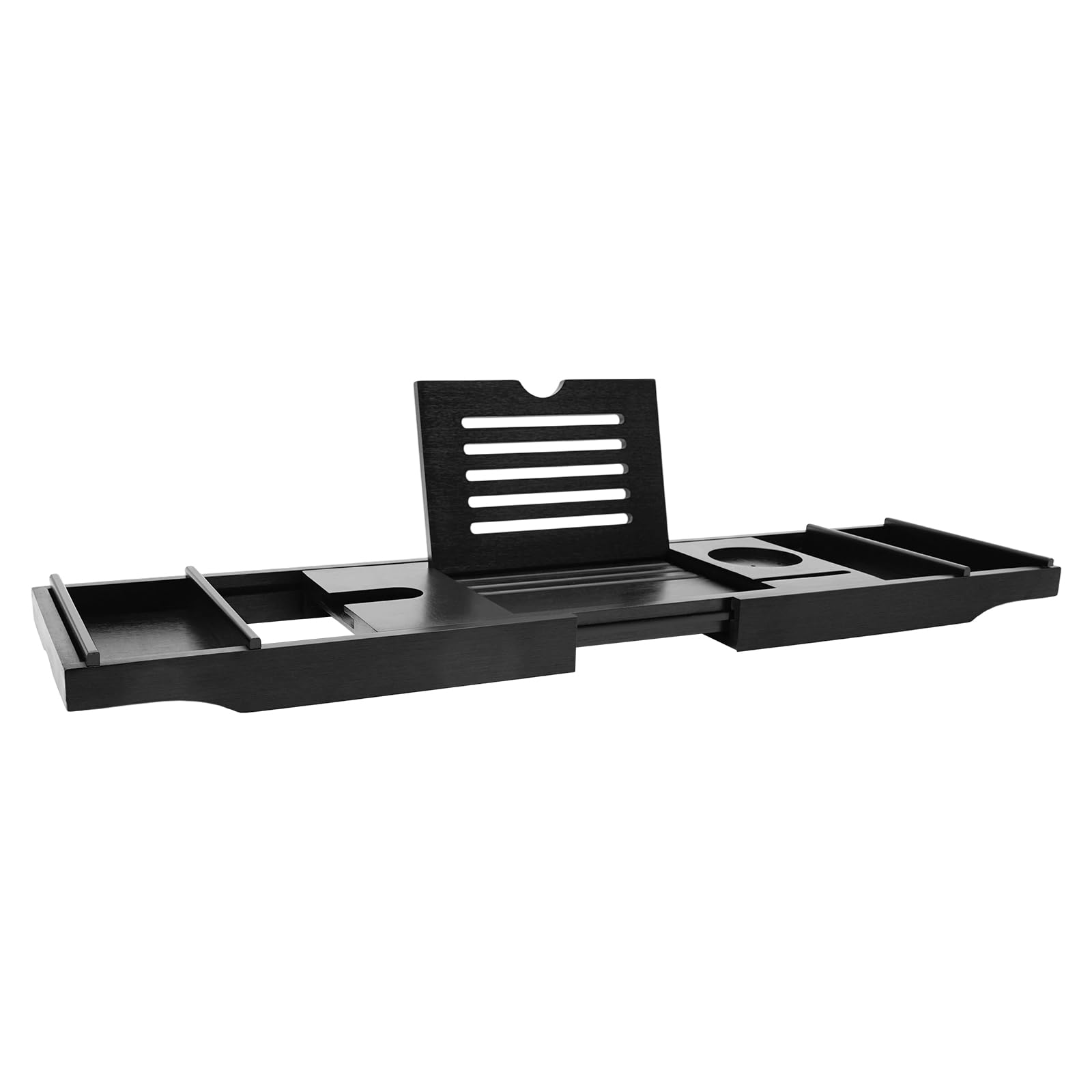 Bandeja para bañera de madera de bambú, color negro, 75-110 cm, extensible, ancho del producto 23 cm, con agujeros de filtro, para colocar objetos como tabletas, teléfonos móviles, tazas altas