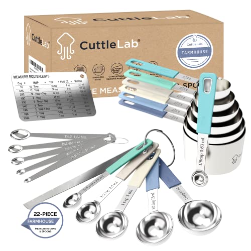 CuttleLab 22-Piece Stainless Steel Measuring Cups and Spoons Set, Tad Dash Pinch Smidgen Drop Mini Measuring Spoons, Measuring Stick Leveler, Measurement Conversion Chart Fridge Magnet, (Farmhouse)