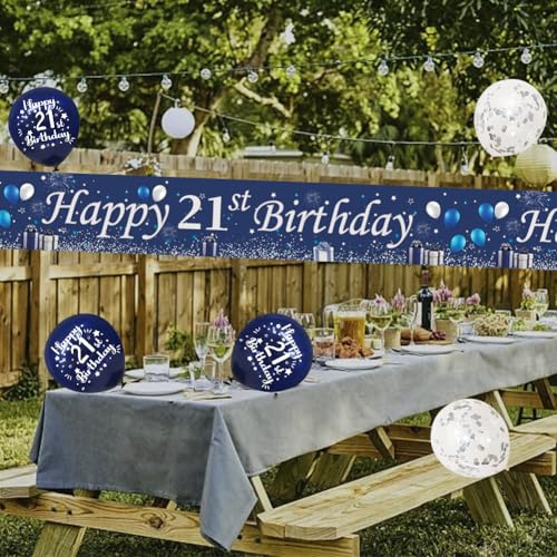 Yontree 21st Birthday Decorations - Blue Silver Banner, Bunting, Flags, Swirls, Balloons for Boys' 21st Party - Image 5