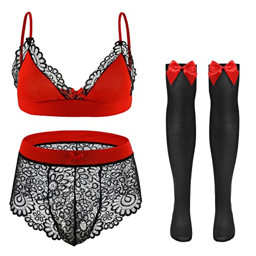 FreeNFond Men's Lingerie Sissy Lace Bra Panties Set with Bowknots Stockings 3Pcs Crossdressers Nightwear