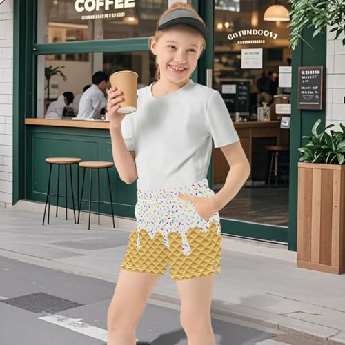 Girls Athletic Shorts Ice Cream Kids Gymnastics Yoga Dance Biker Shorts Elastic Waist with Pocket 7-15Y3