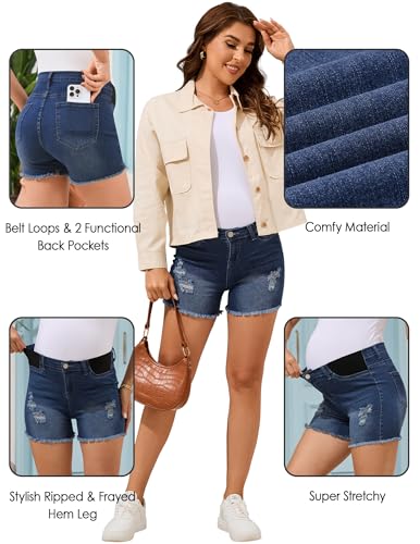 Image of PACBREEZE Women's Maternity Mid-Rise Stretch Denim Shorts Trendy Soft Frayed Hem Pregnancy Shorts, S-XXL