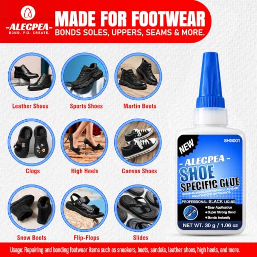 Image of ALECPEA Black Shoe Glue for Sole Repair, Thin Adhesive, 30g with 3 Tips | Fast-Setting Flexible Waterproof Black Shoe Repair Glue For Sneakers, Boots, Leather, Rubber, EVA, Mesh, PU And PVC