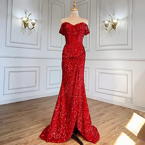 Women\'s Off Shoulder Mermaid Prom Dresses 2024 Long Sequin Formal Evening Gowns with Slit Black US6