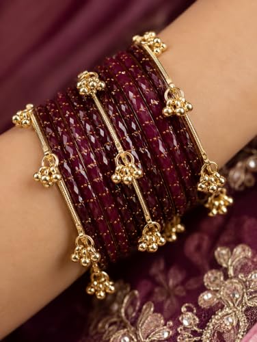 Image of JPS 16 Pcs Trendy Stylish Glass & Kashmiri Ghungroo Bangles Set for Women & Girls | Gold-Plated Traditional Festive Wedding Party Jewellery Chudi Set (12 Glass + 4 Metal)