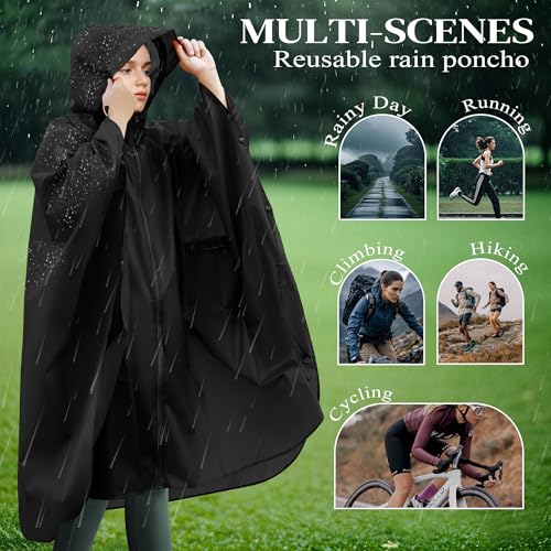 Sensong Regenponcho für Damen, Größere Größe Unisex Regenjacken Regencape, Wasserdicht mit Kapuze und Reißverschluss Wiederverwendbar Regenmantel für Wandern Camping Radfahren Reisen Schwarz
