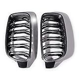 2PCs Glossy Black Carbon Fiber Double Line Front Hood Kidney Euro Style Grille Grill Compatible with